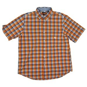 Chaps Button Down Shirt Men's Size L Orange Blue Plaid Short Sleeve Easy Care